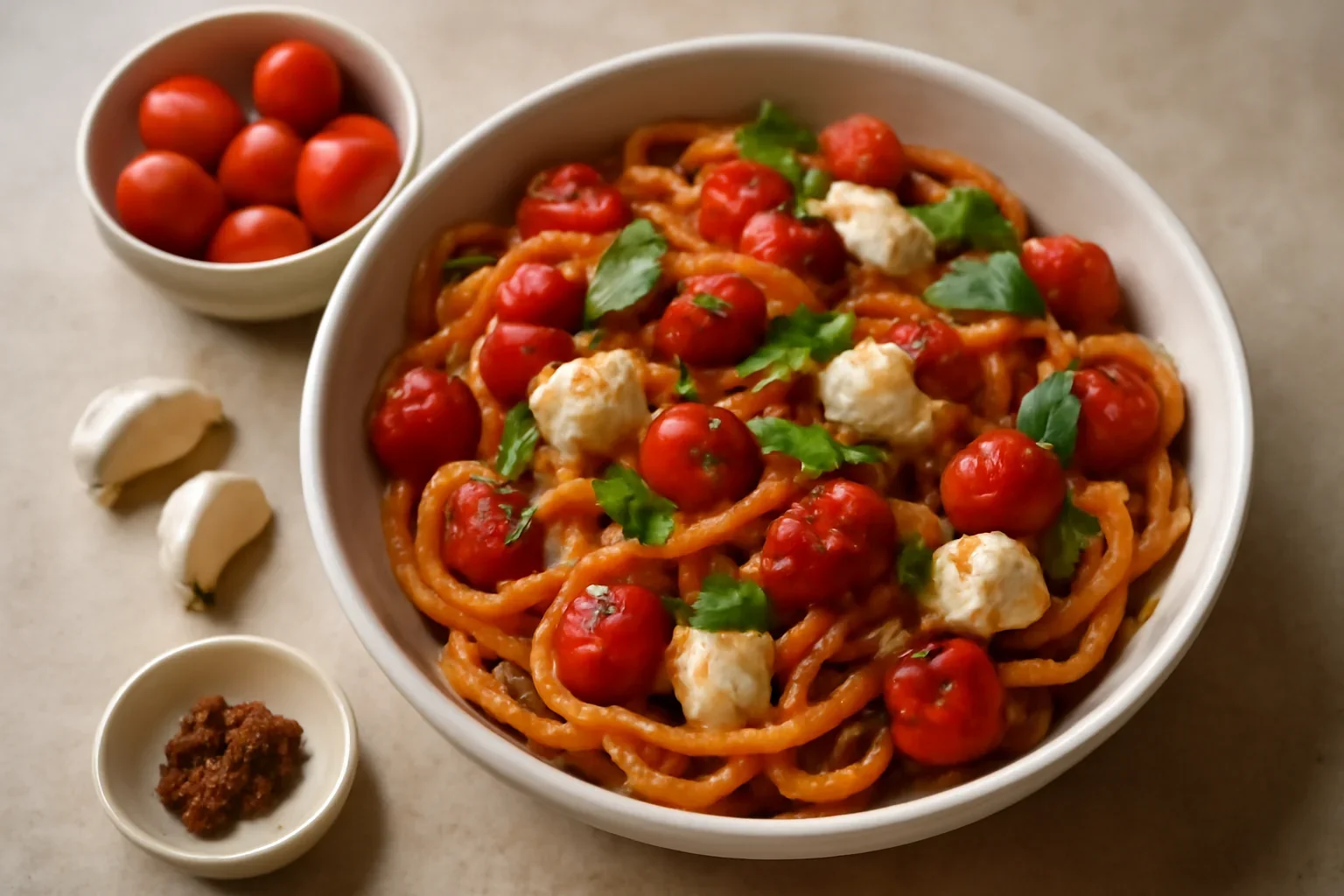 Tagliatelle cu rosii cherry, busuioc si mozzarella