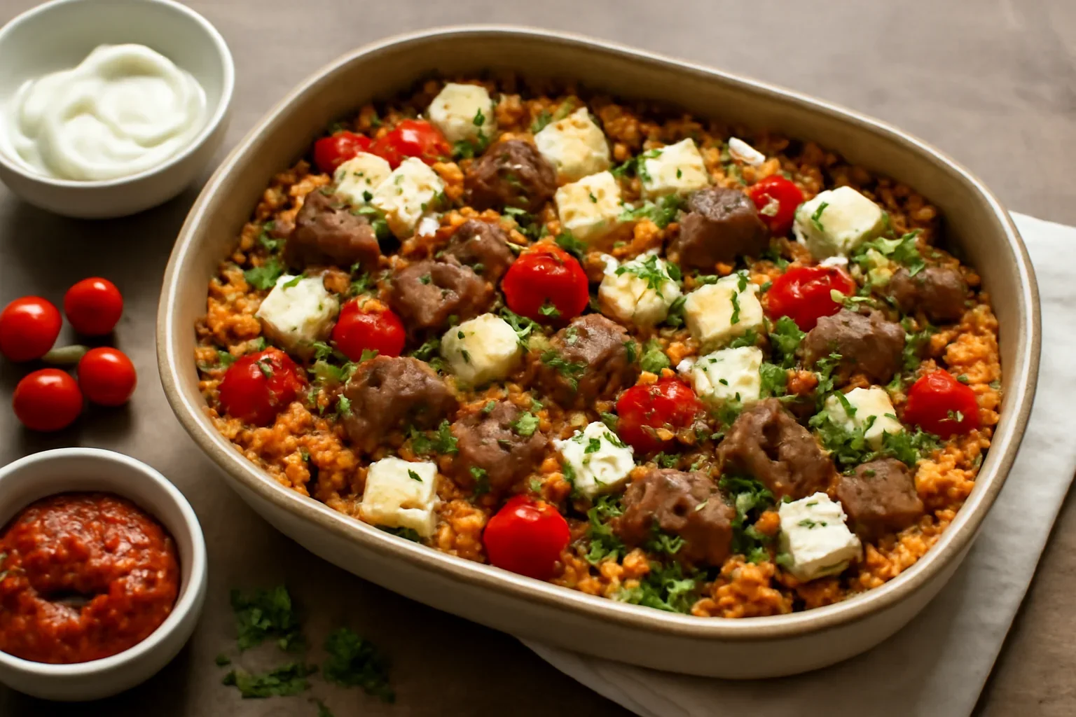 Orez cu carne, legume și brânză la cuptor – rețeta de pilaf cu zacuscă, în stil grecesc