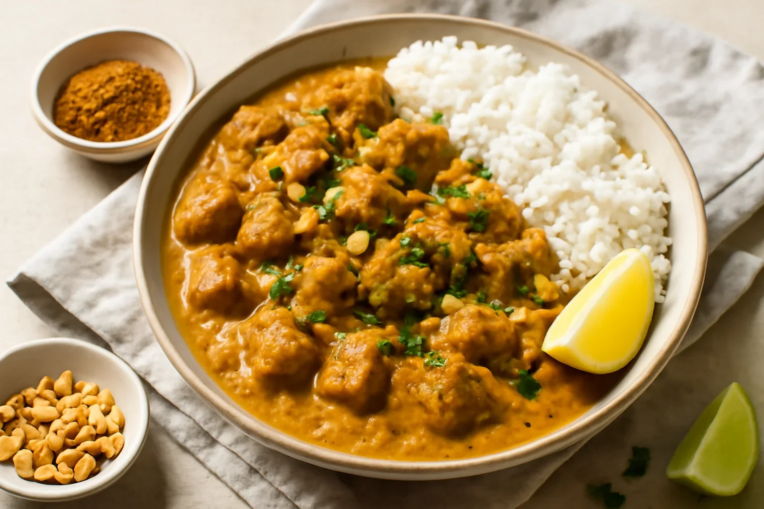 Curry de porc cu arahide si lapte de cocos