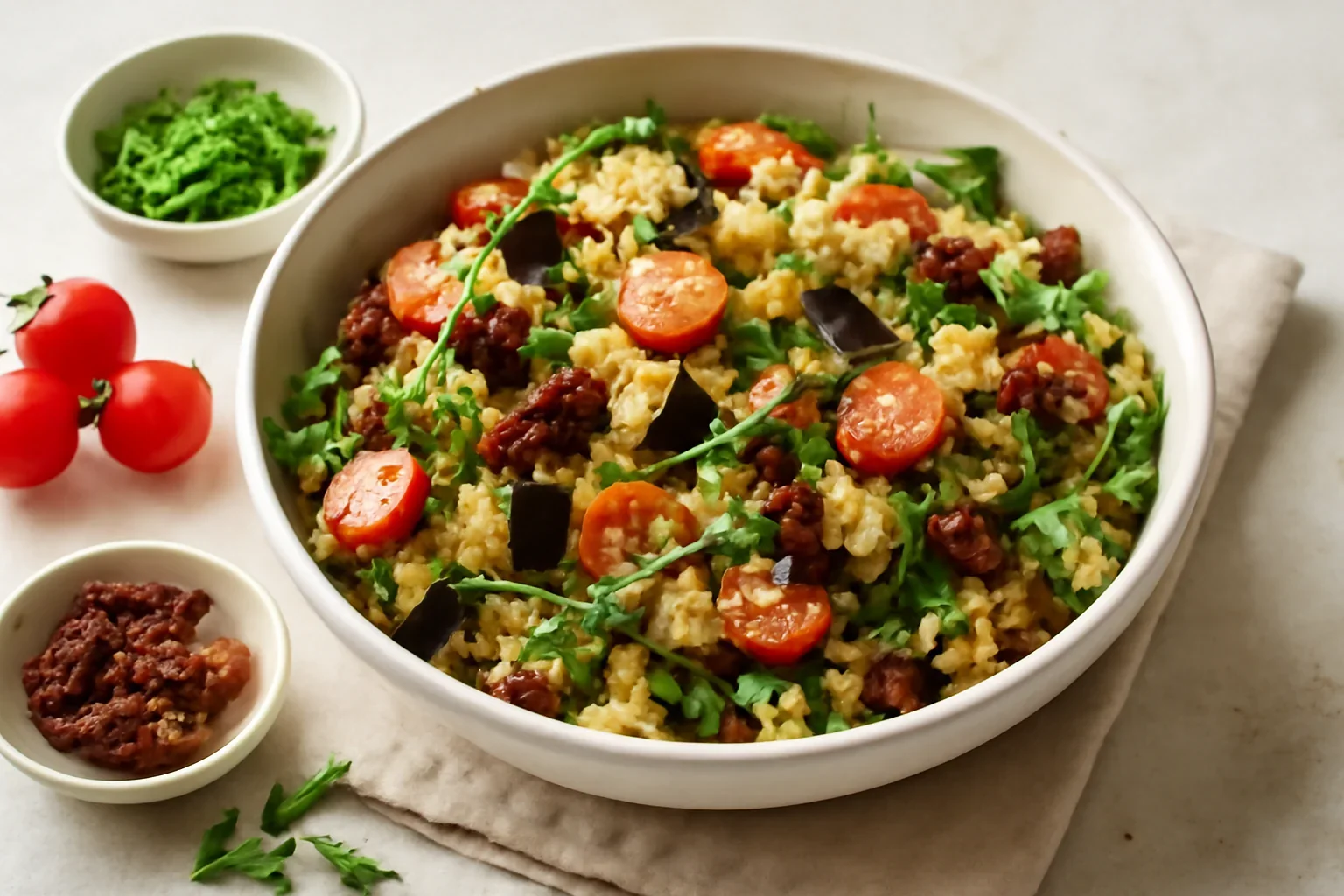Salată de bulgur cu vinete și roșii uscate