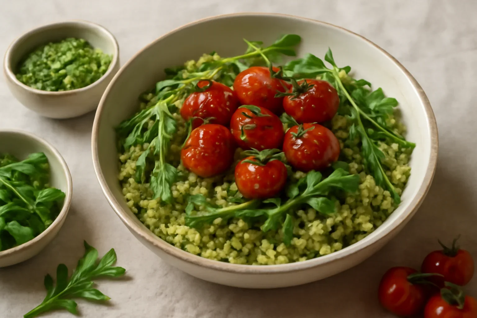 Bulgur cu pesto de casă și roșii coapte