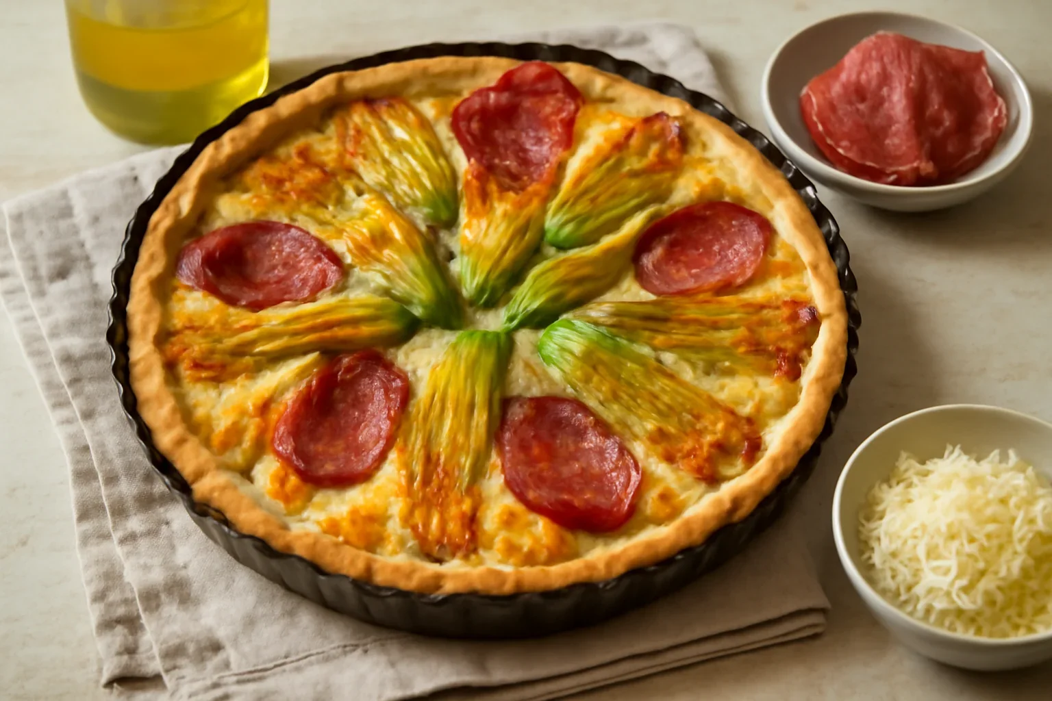 Tarta din flori de dovlecei, mozzarella si salam