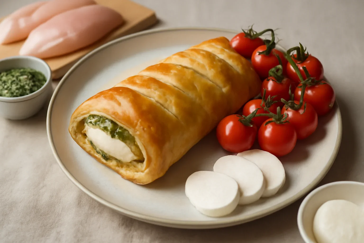 Pui cu pesto și mozzarella în foietaj