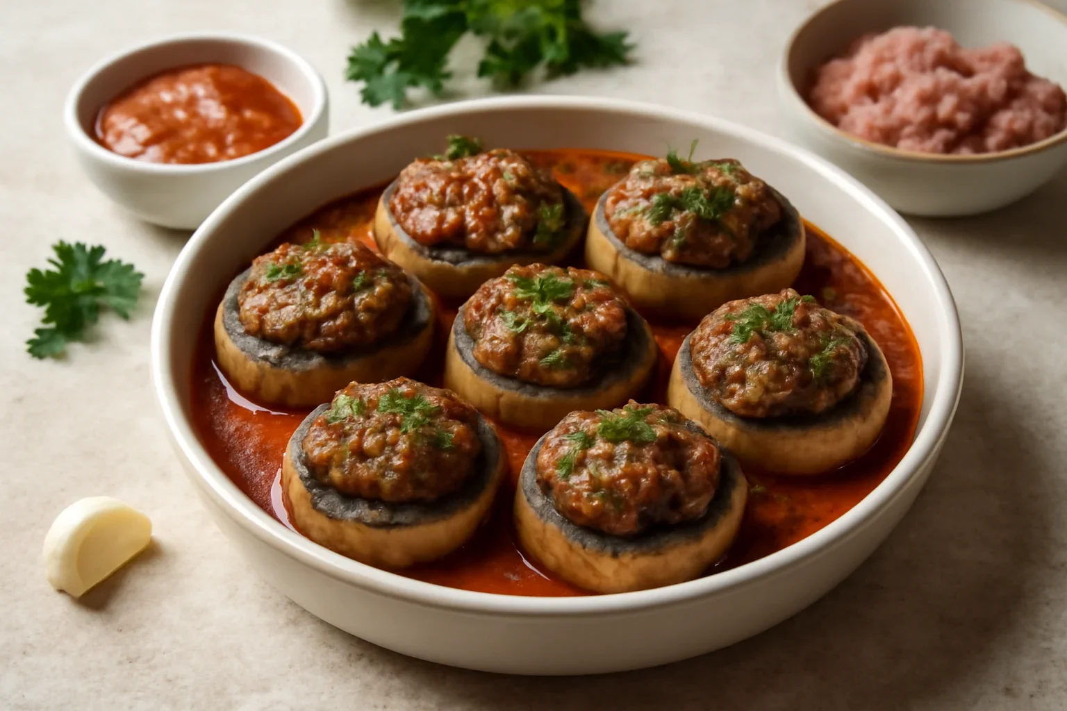 Ciuperci umplute cu carne tocata si sos de rosii