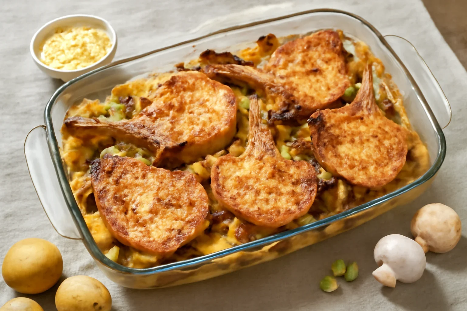 Cotlet de porc la cuptor cu cartofi si ciuperci
