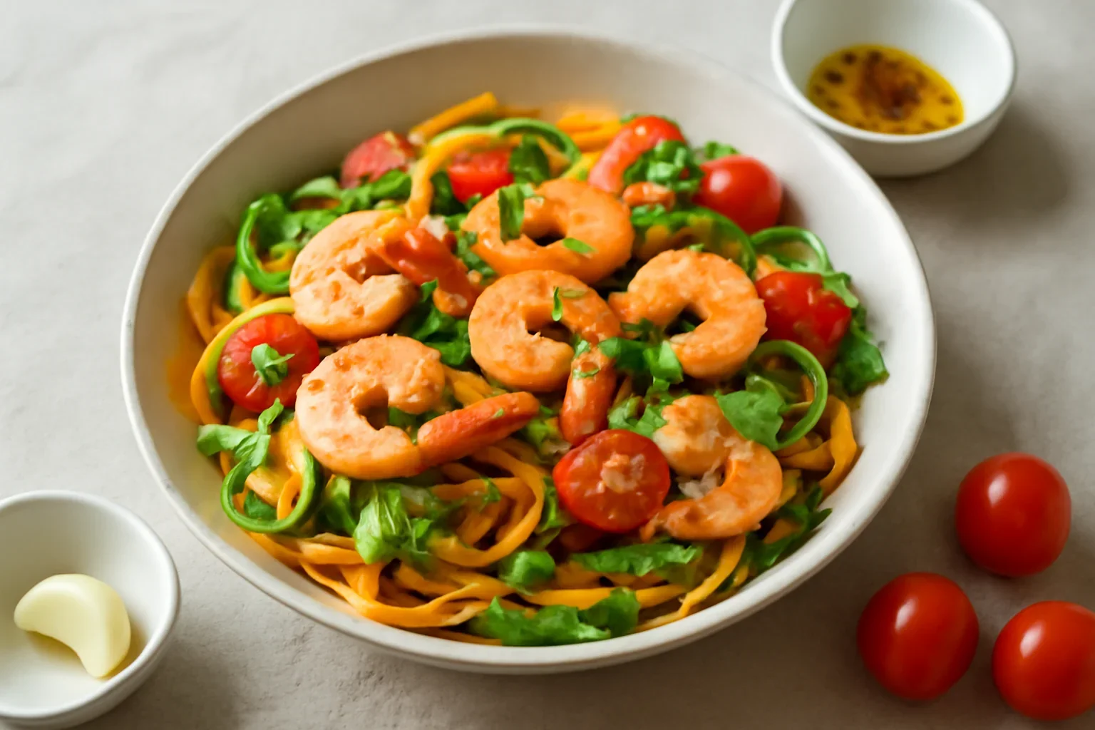 Creveti cu tagliatelle (taietei) din morcov si dovlecel