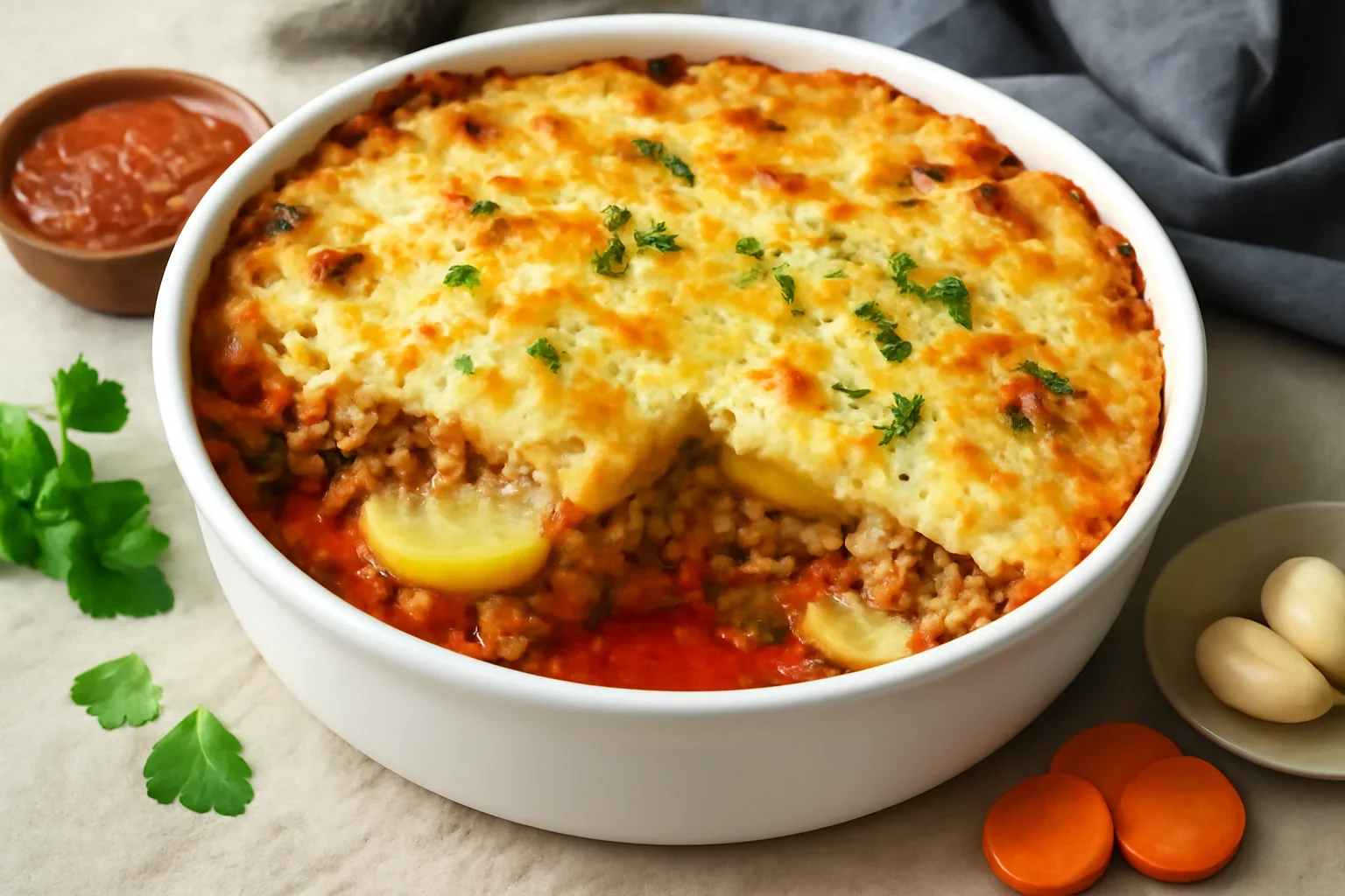 Musaca rapidă de cartofi cu carne (friptură rece), sos de roșii și crustă gratinată de sos alb cu brânză