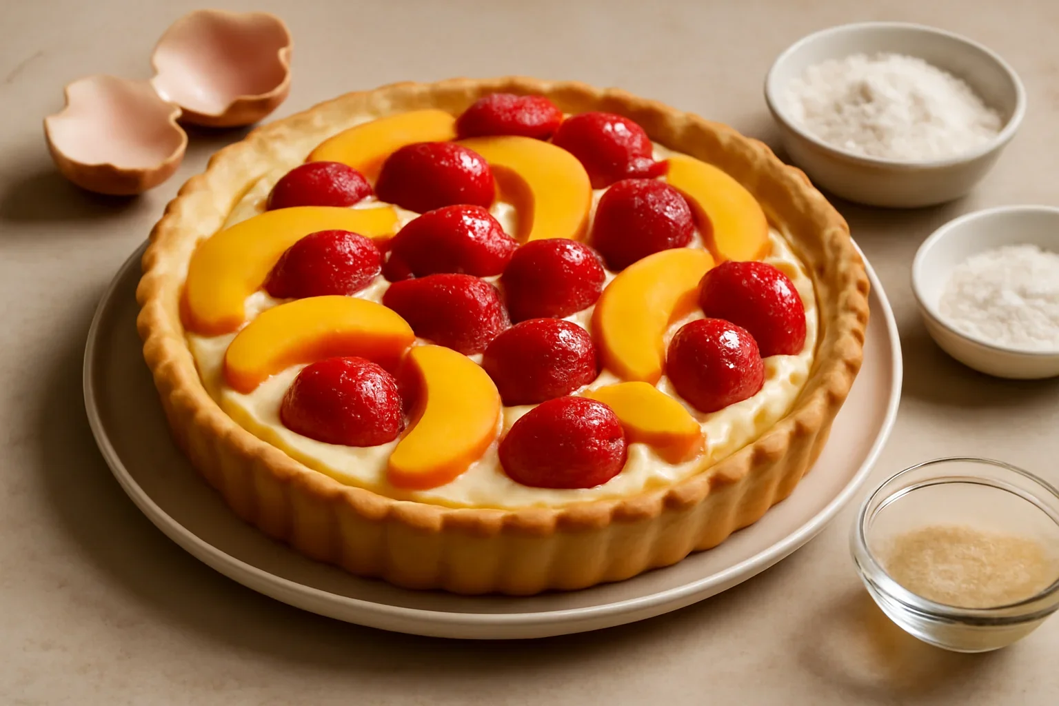 Tarta cu aluat fraged, crema de vanilie si fructe