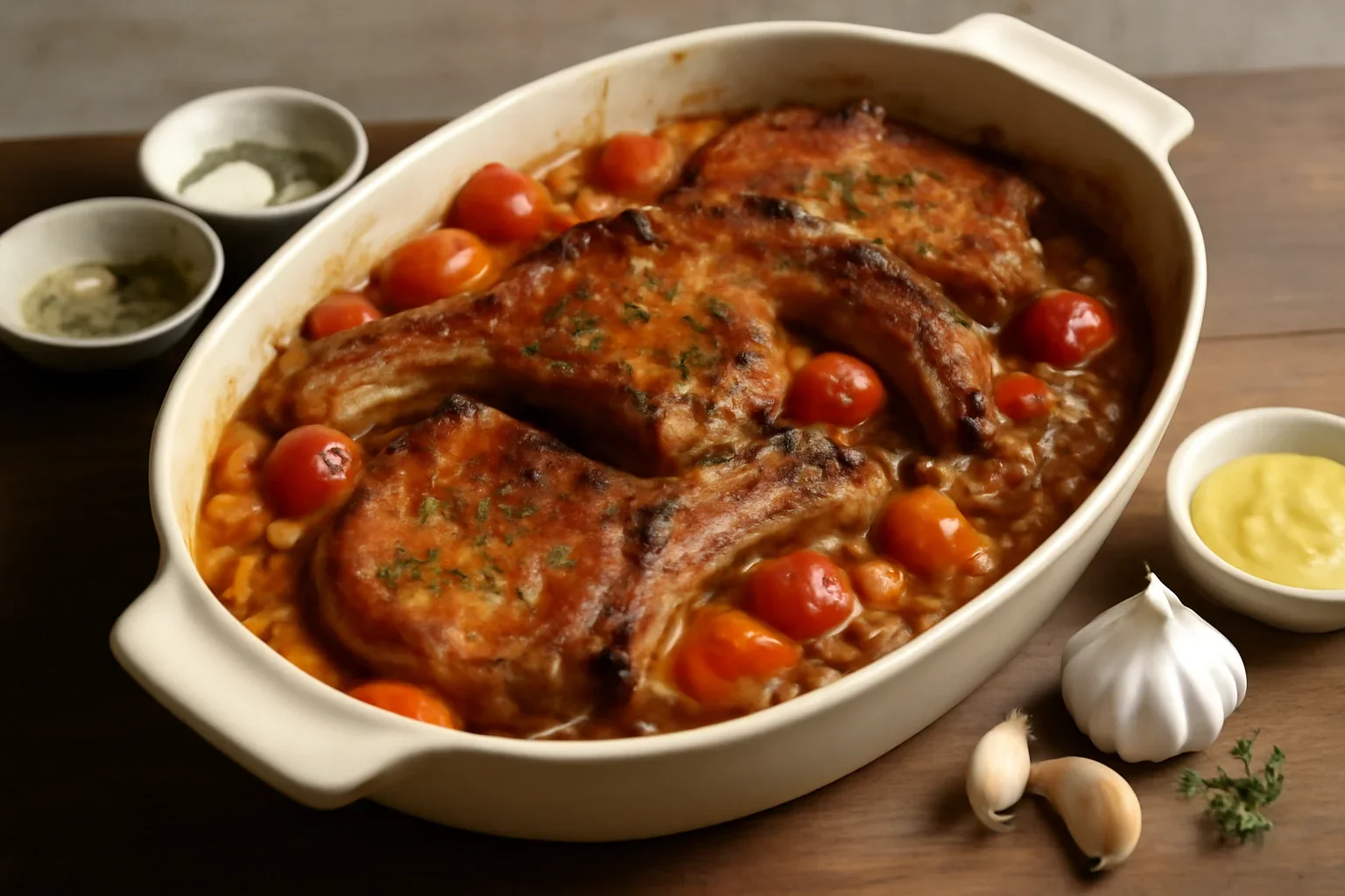 Cotlete de porc la cuptor cu sos de legume – rețeta de friptură cu sos vânătoresc