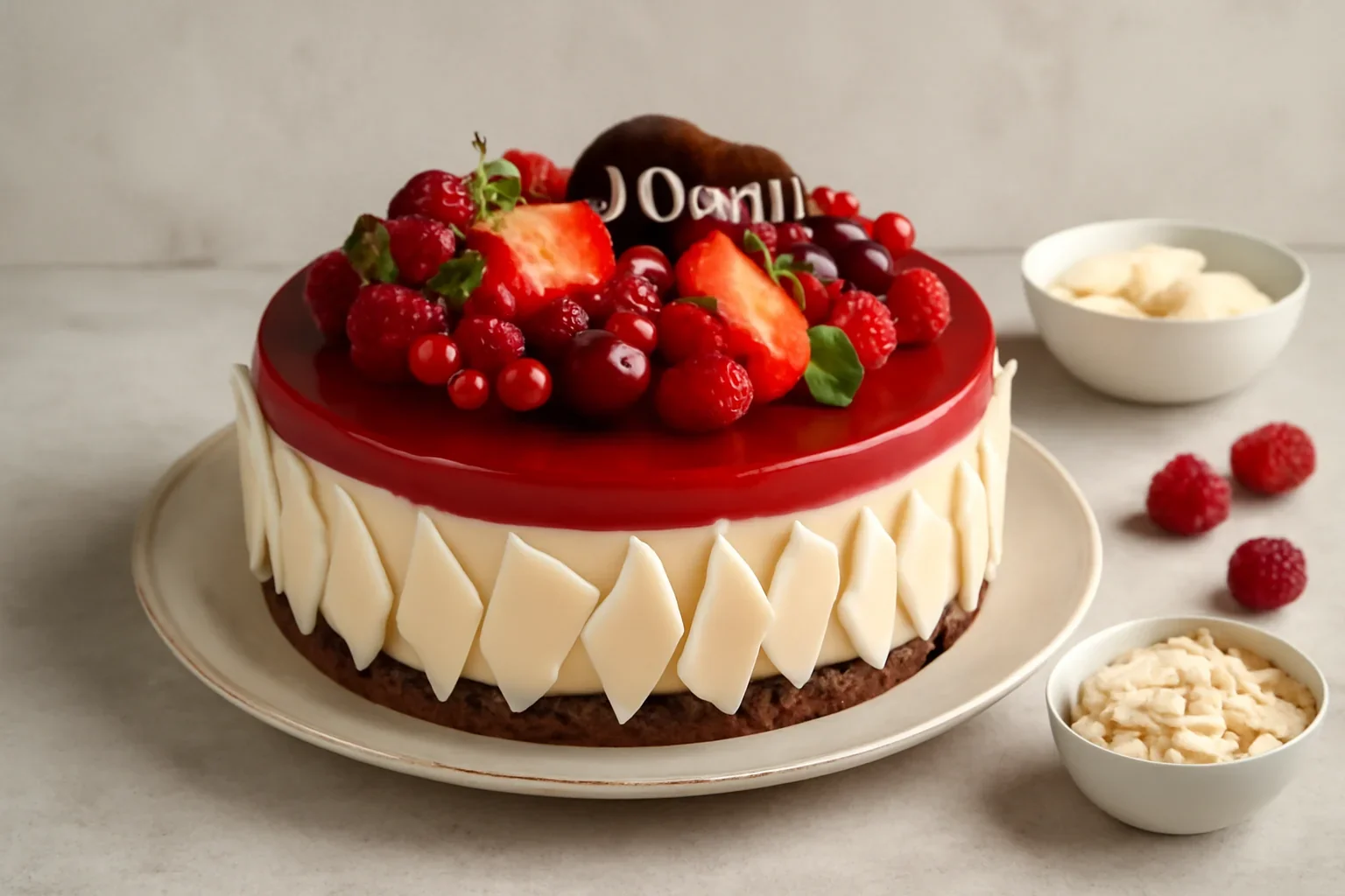 Tort cu cremă bavaroise cu ciocolată, fructe, jeleu și tapet decor (tip entremet) la Aniversarea a 10 ani de blogging