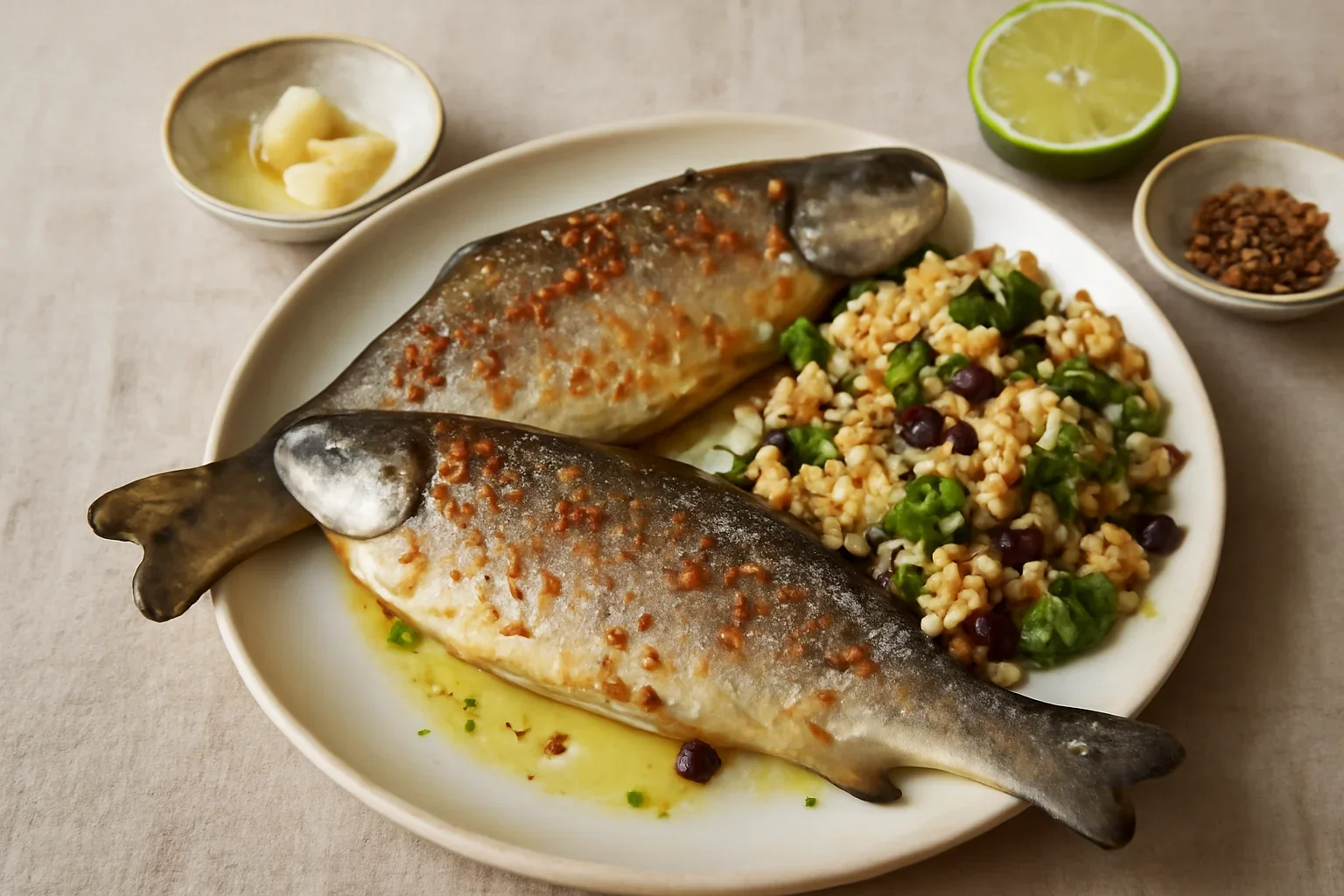 Păstrăv cu chilli, lime și salată caldă de bulgur