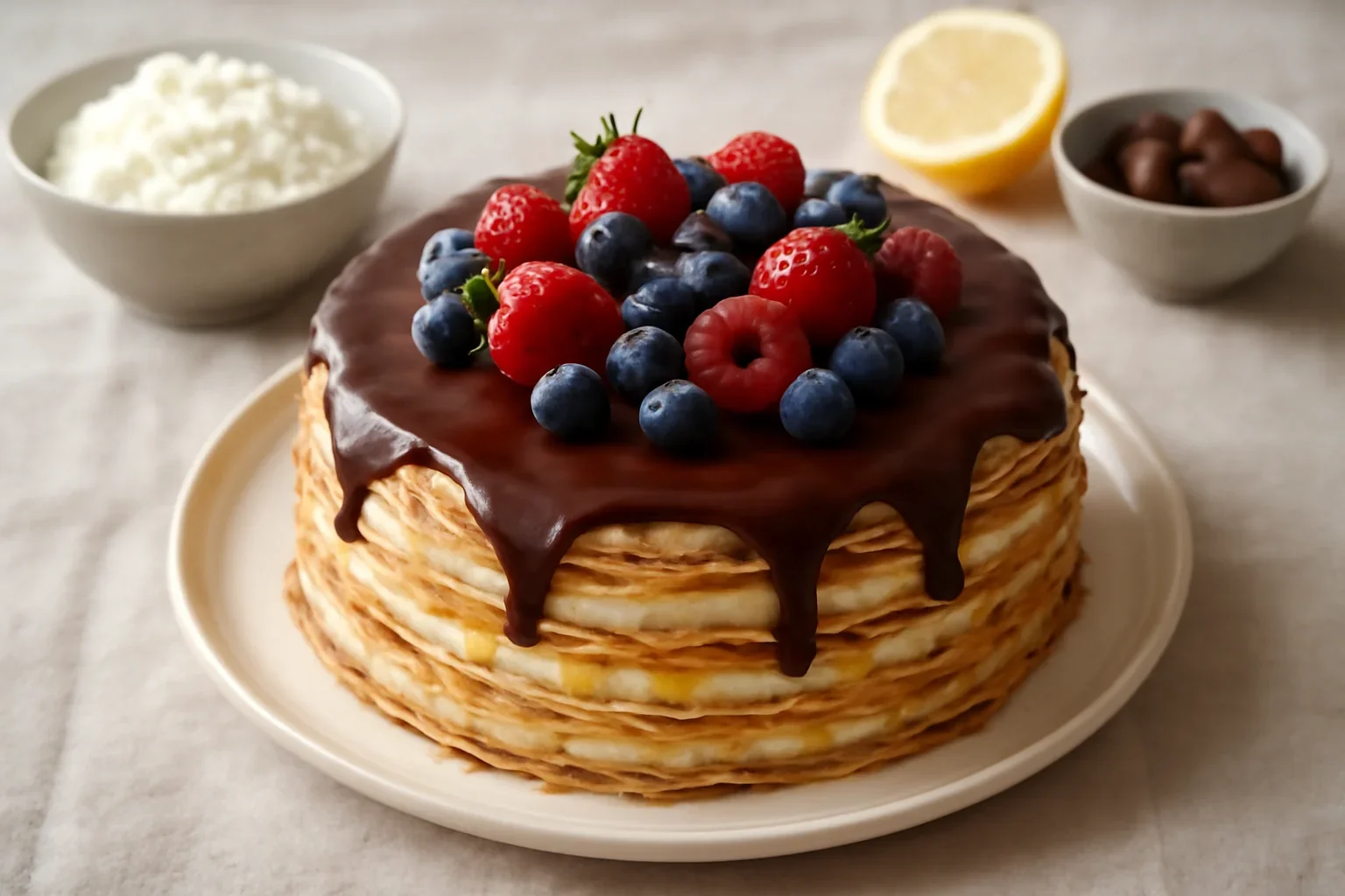 Tort de clatite cu urda, ciocolata si fructe