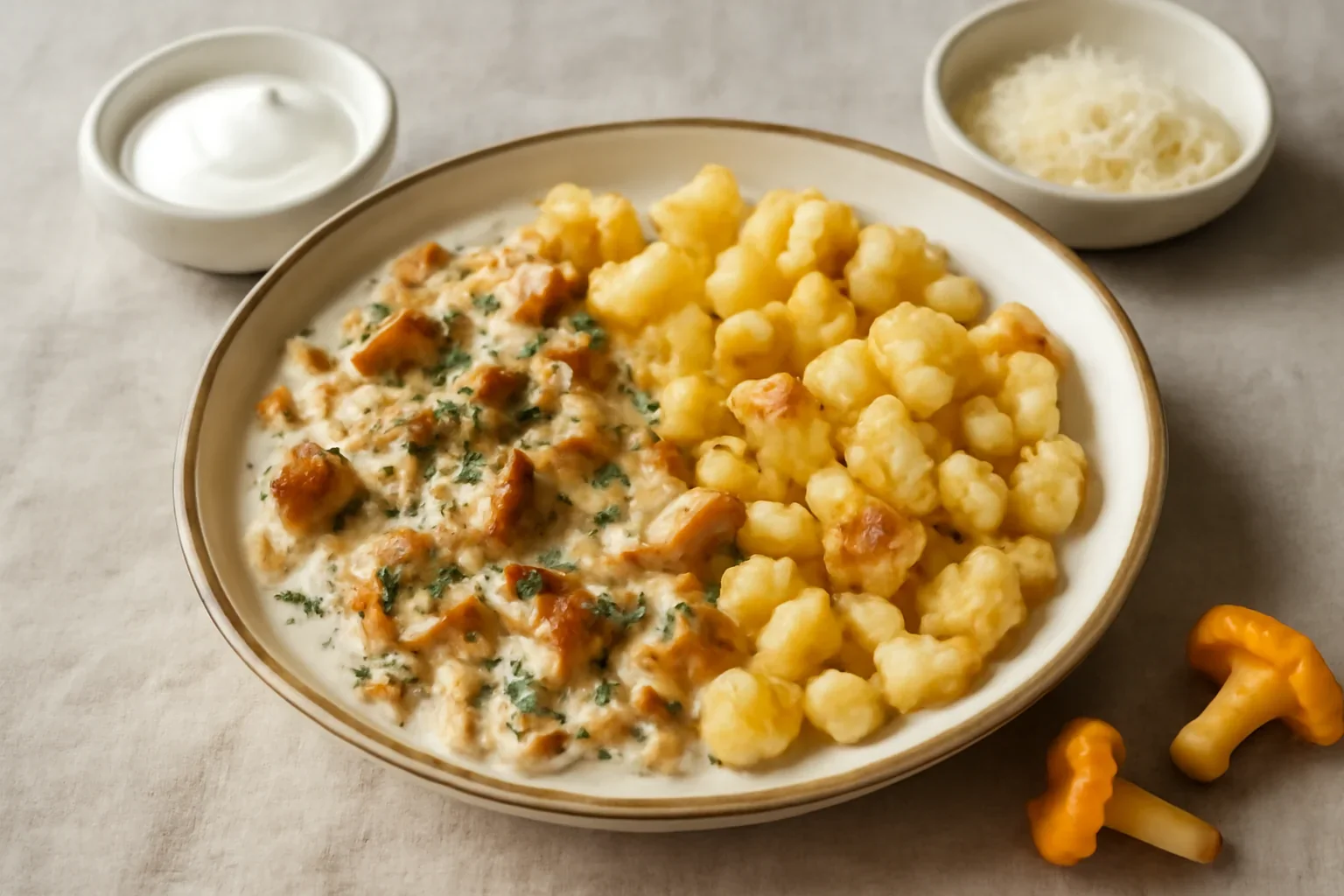 Gălbiori cu smântână, parmezan și găluște nemțești rumenite (Spätzle)