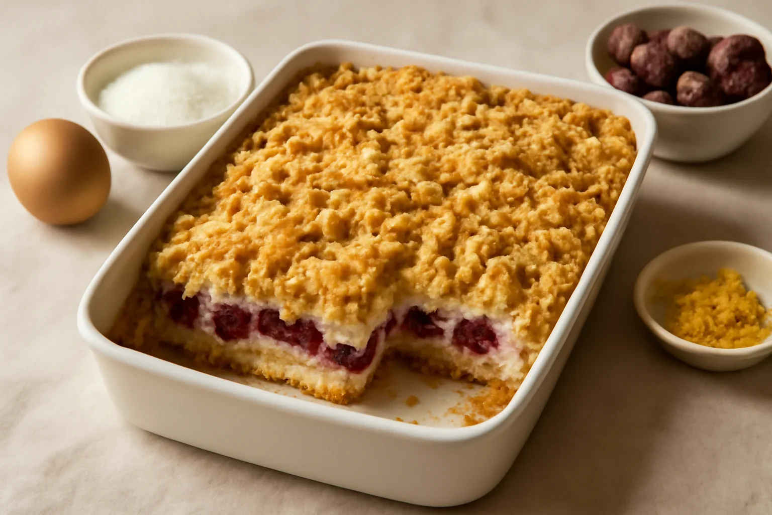 Prajitura cu visine, cirese si branza reteta de crumble cu aluat ras