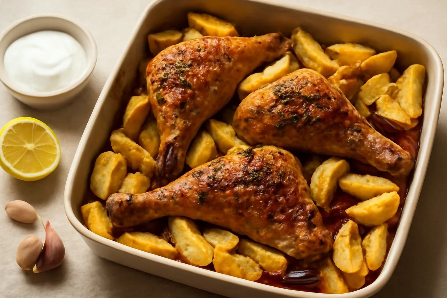 Pulpe de curcan la cuptor marinate cu usturoi, servite cu cartofi – rețetă simplă