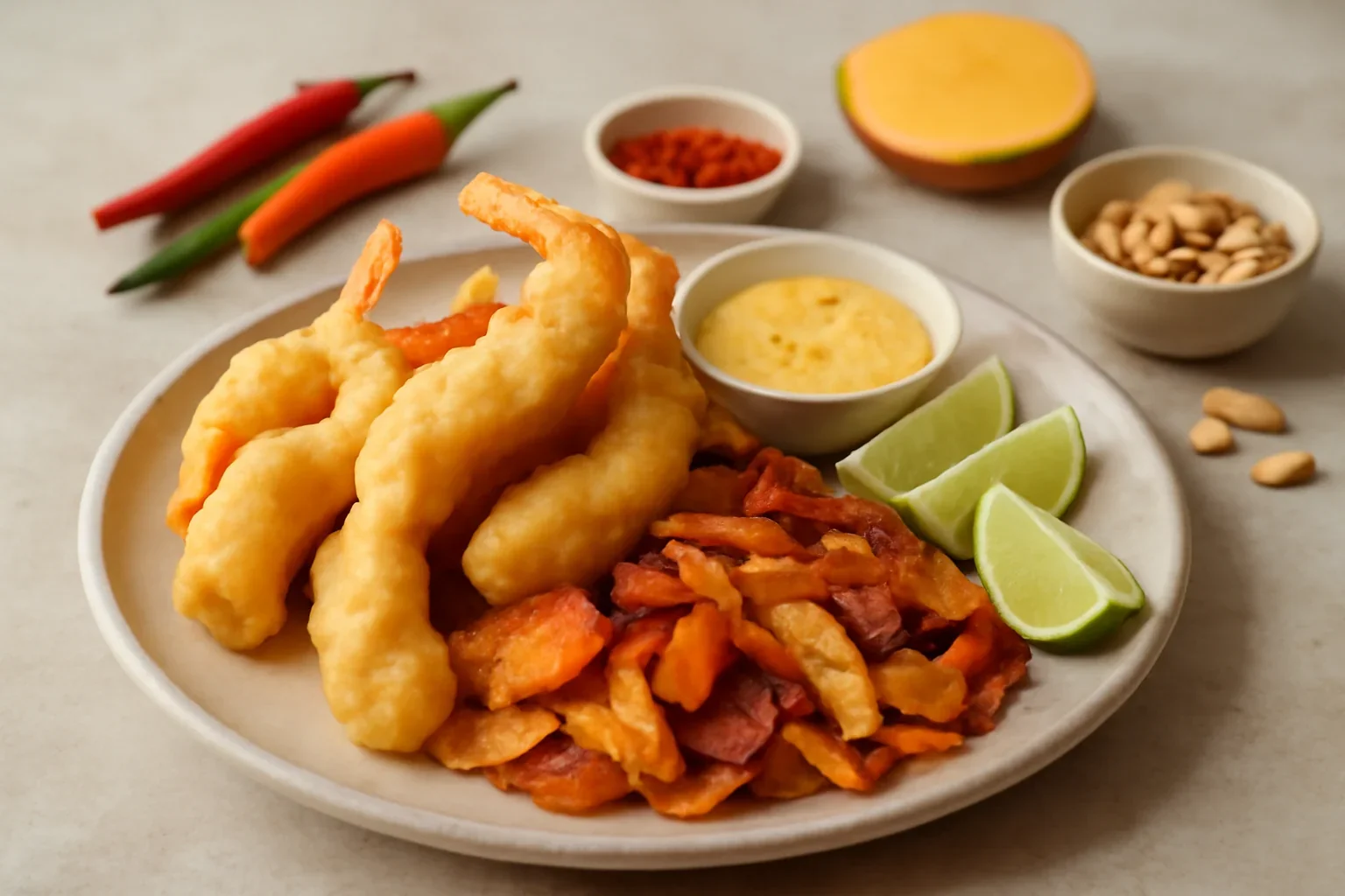 Creveți tempura cu chips crocante de legume