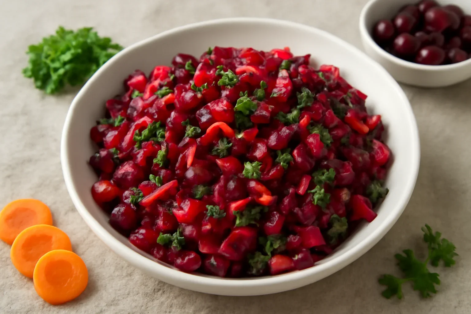 Salata de sfecla rosie cu morcovi, castraveti murati si fasole rosie