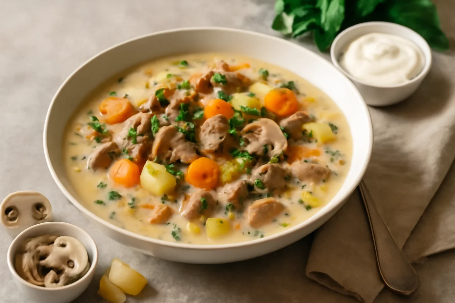 Ciorbă de vițel cu ciuperci și smântână a la Stroganoff