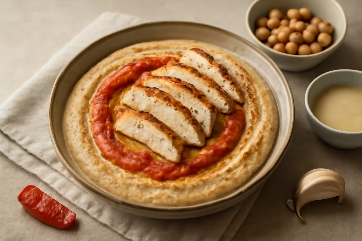 Hummus cu ardei copt si pui