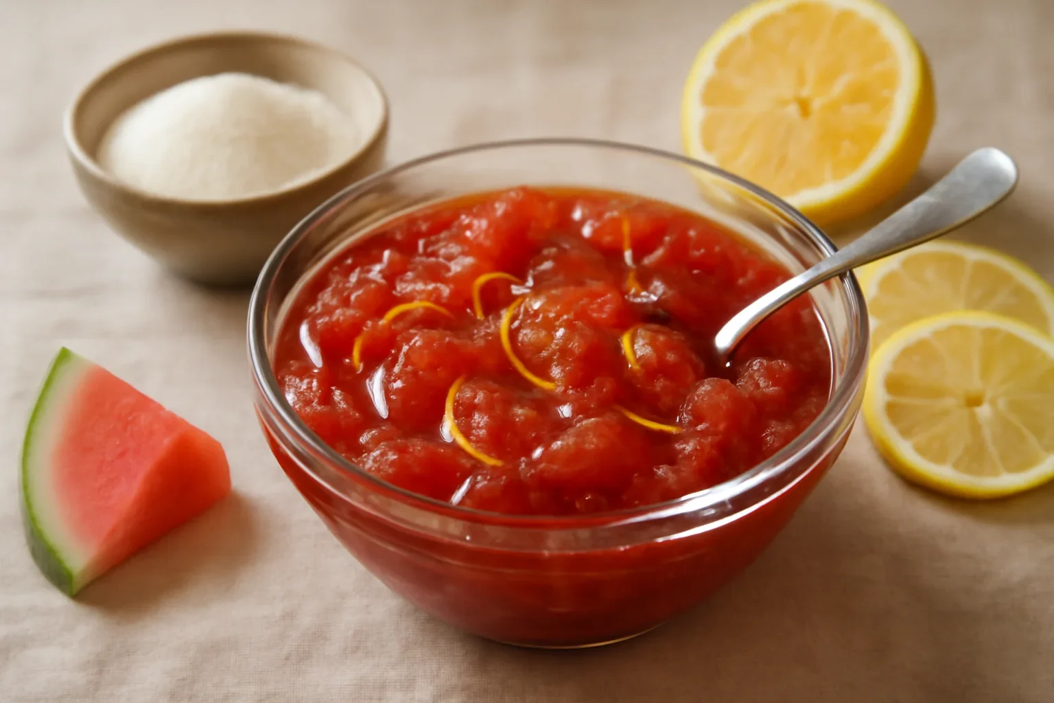 Dulceață din miez de pepene (lubeniță) cu coajă de lămâie confiată