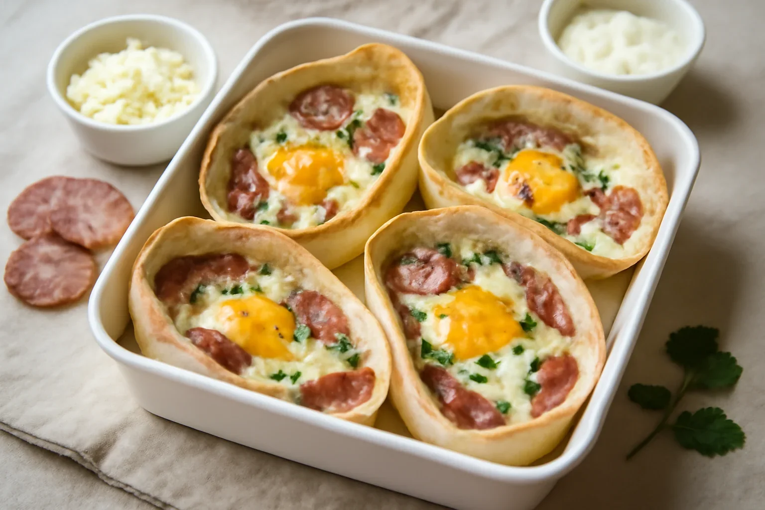 Lipii cu oua, salam si mozzarella la cuptor