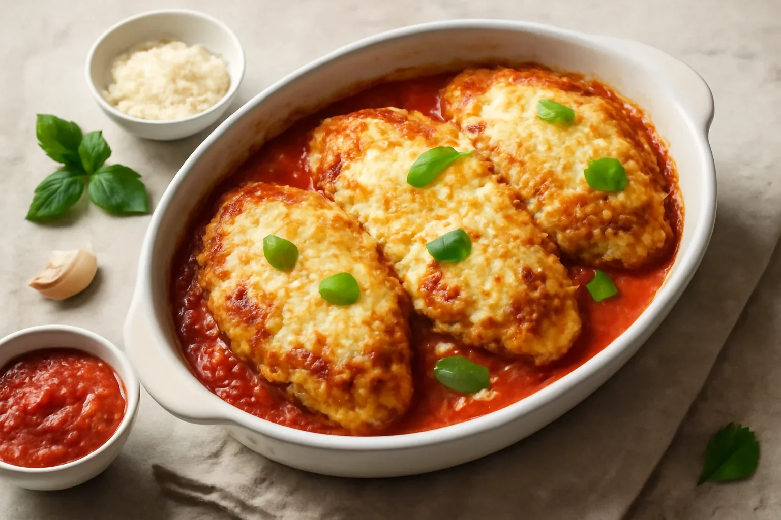 Pui Parmigiana – rețeta de șnițele din piept de pui cu crustă gratinată de brânză și sos de roșii