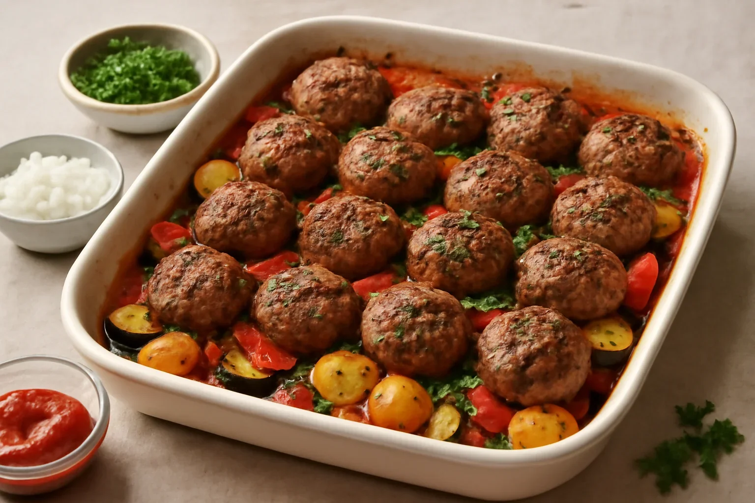 Chiftelute la cuptor cu legume coapte – chiftele din carne tocata pe pat de legume