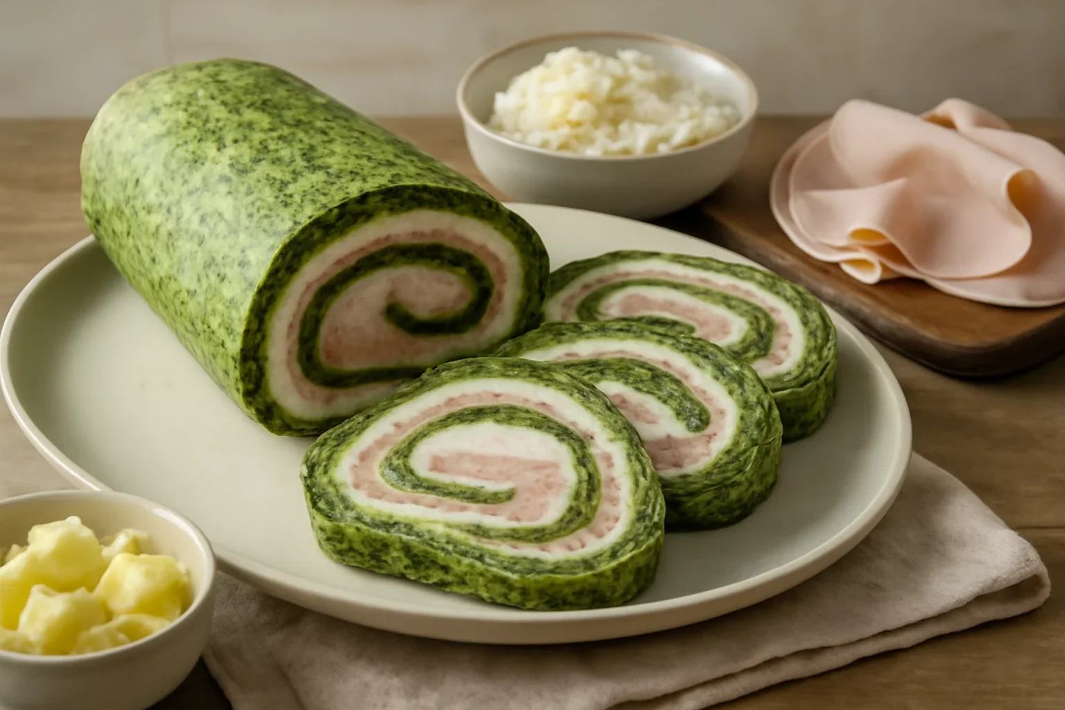 Ruladă aperitiv cu spanac cu șunca și cașcaval