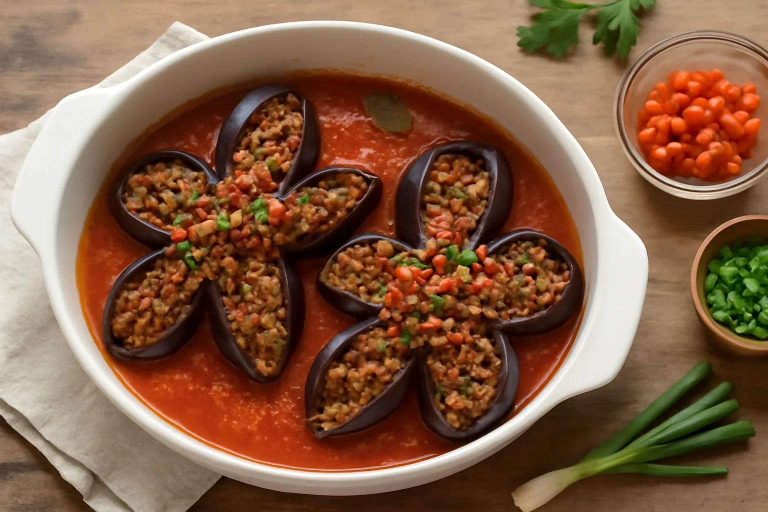 Flori din vinete – vinete umplute cu carne tocata