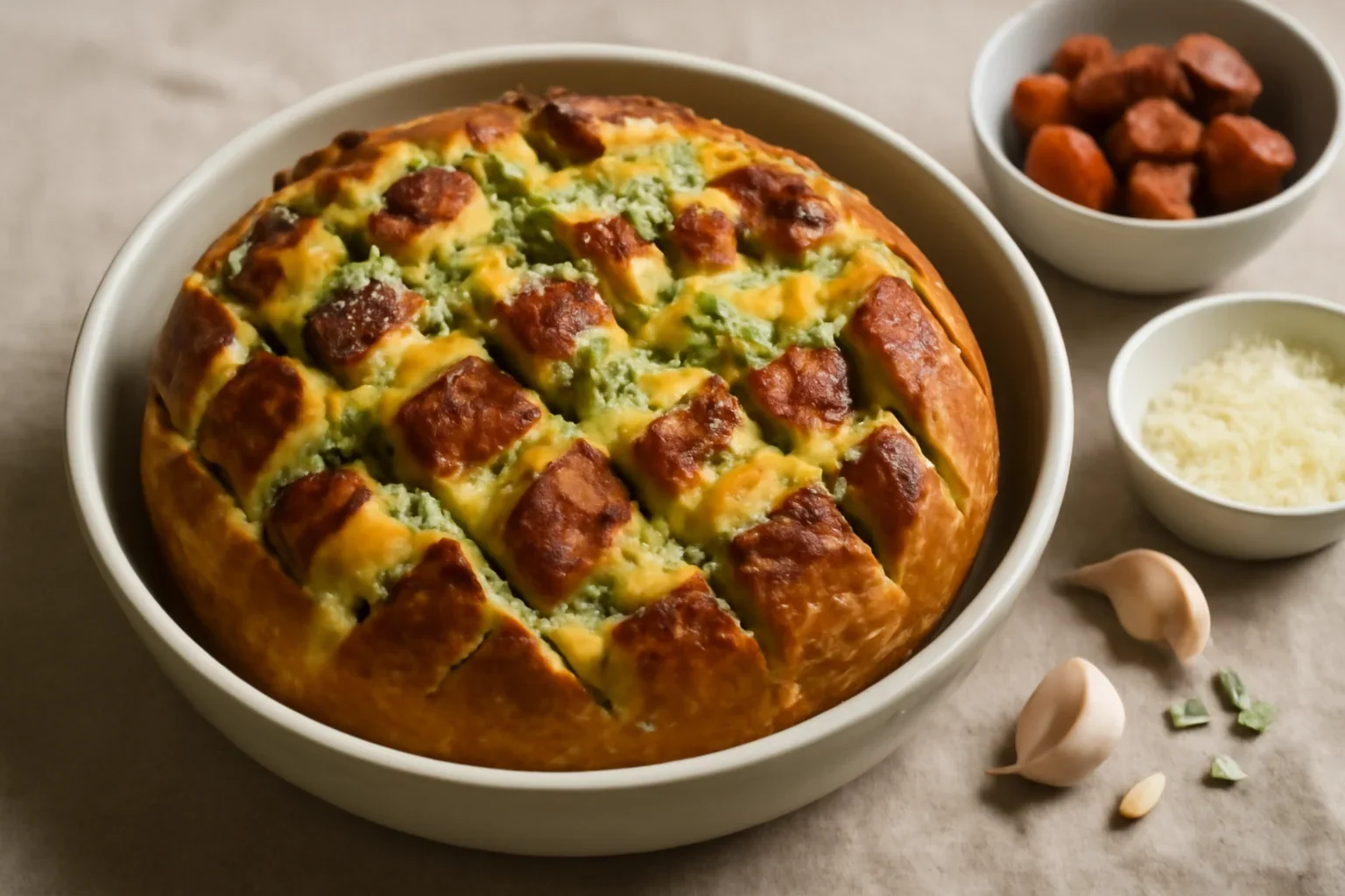Paine impanata cu cascaval, sunca sau carnati, usturoi si ierburi aromatice – la cuptor