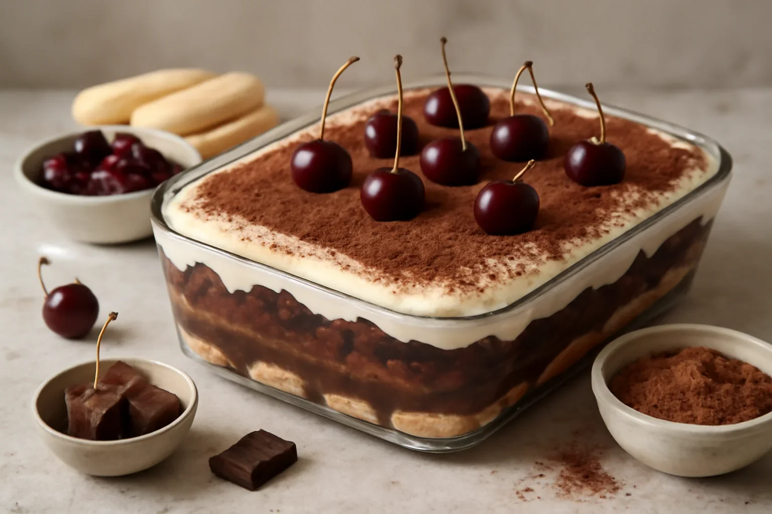 Tiramisu cu vișine, ciocolată și mascarpone – un desert rapid fără coacere