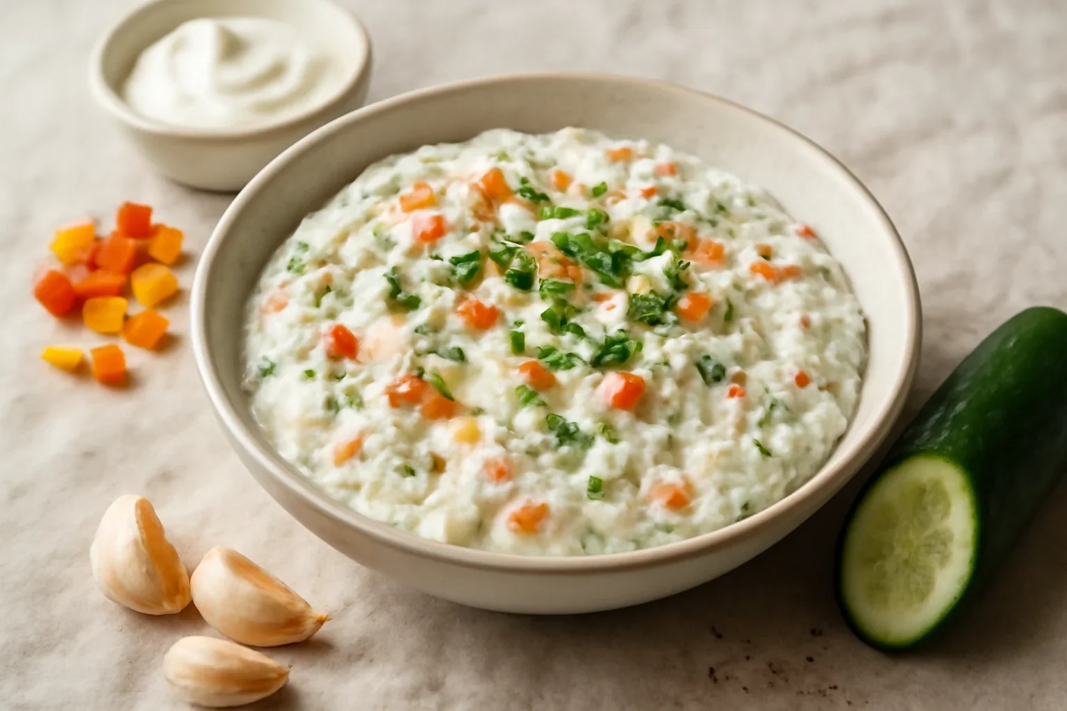 Cremă de brânză cu usturoi, castraveți și ardei colorați – salată aperitiv