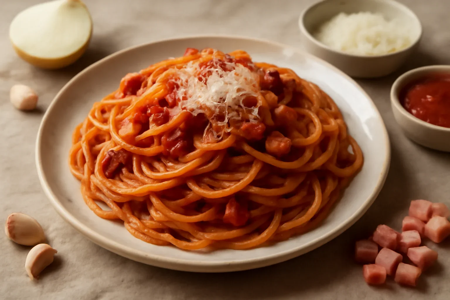 Pasta Amatriciana, reteta clasica italiana de paste cu sos de rosii
