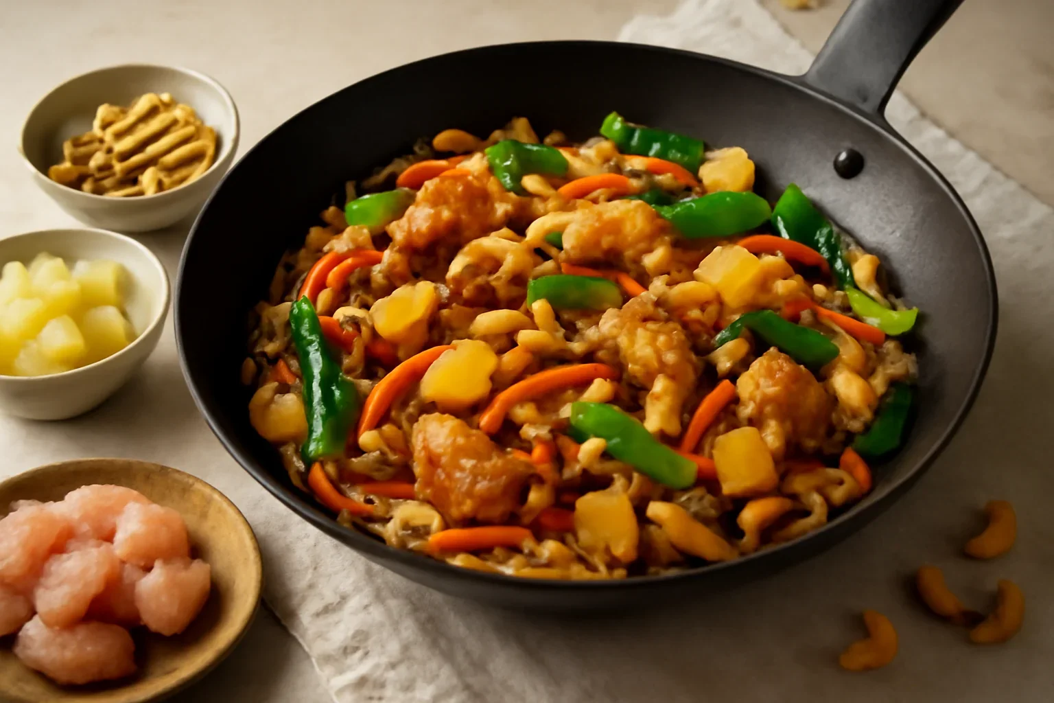 Stir fry la wok cu pui, ananas si caju, in stil chinezesc