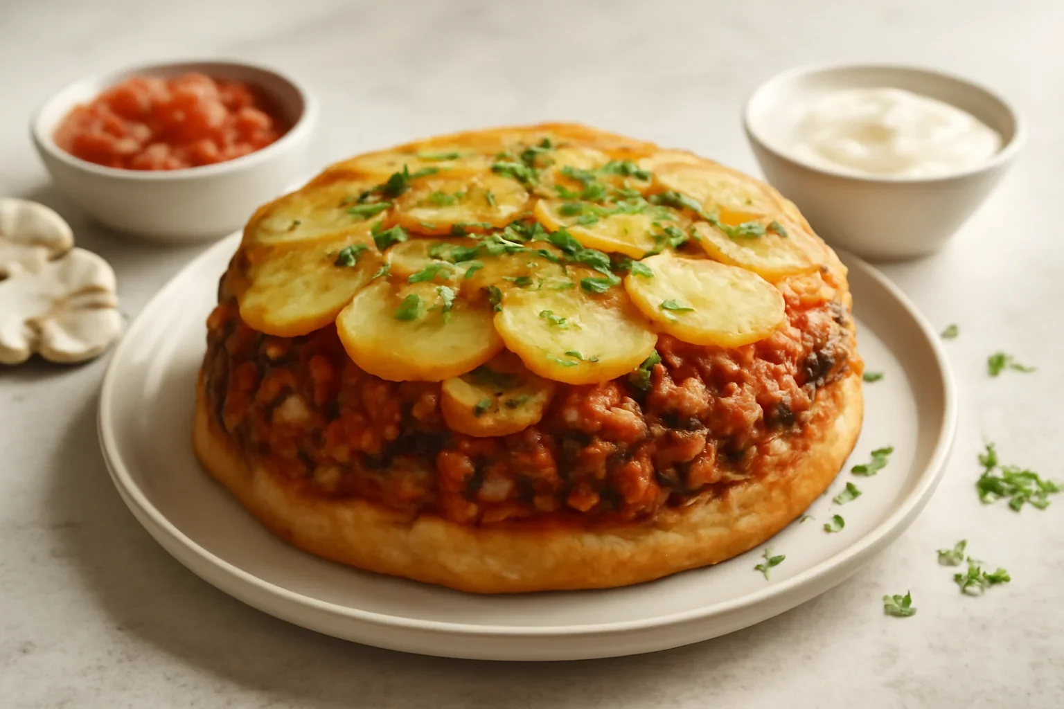 Musaca răsturnată cu cartofi, carne, ciuperci și sos de roșii