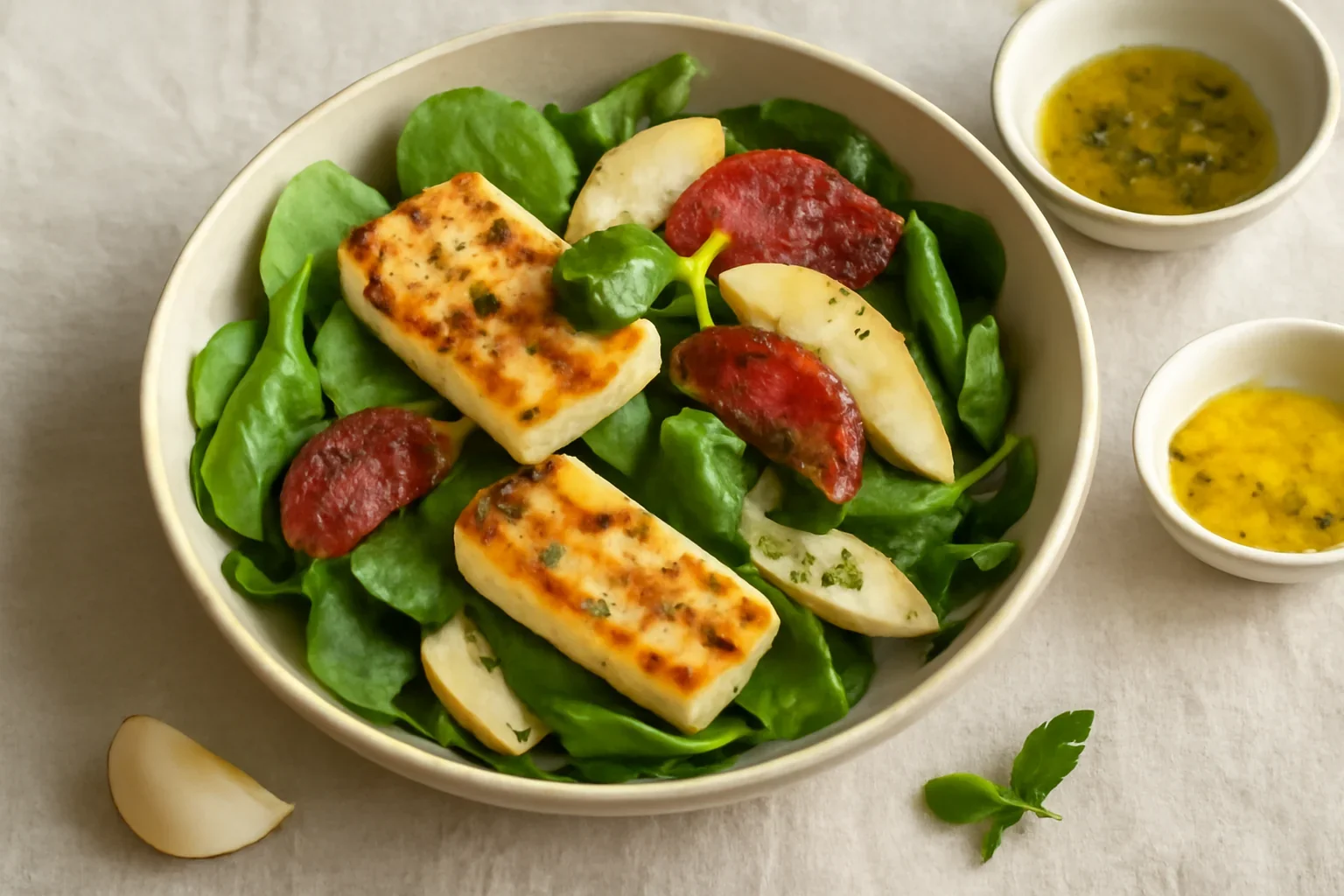 Salata de primavara cu spanac tanar, halloumi si pere
