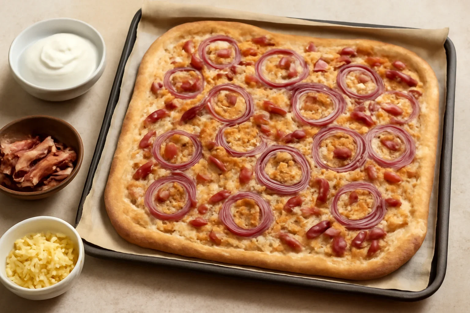 Flammkuchen reteta clasica de tarte flambee cu sunca, smantana si ceapa