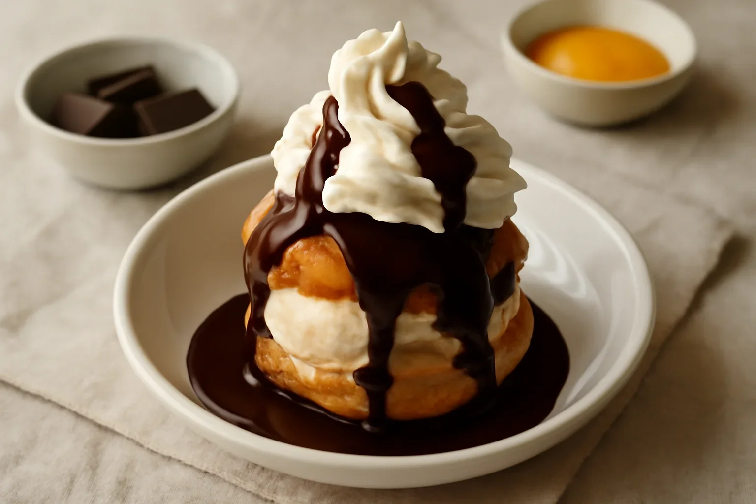 Profiterol cu inghetata, frisca si ciocolata