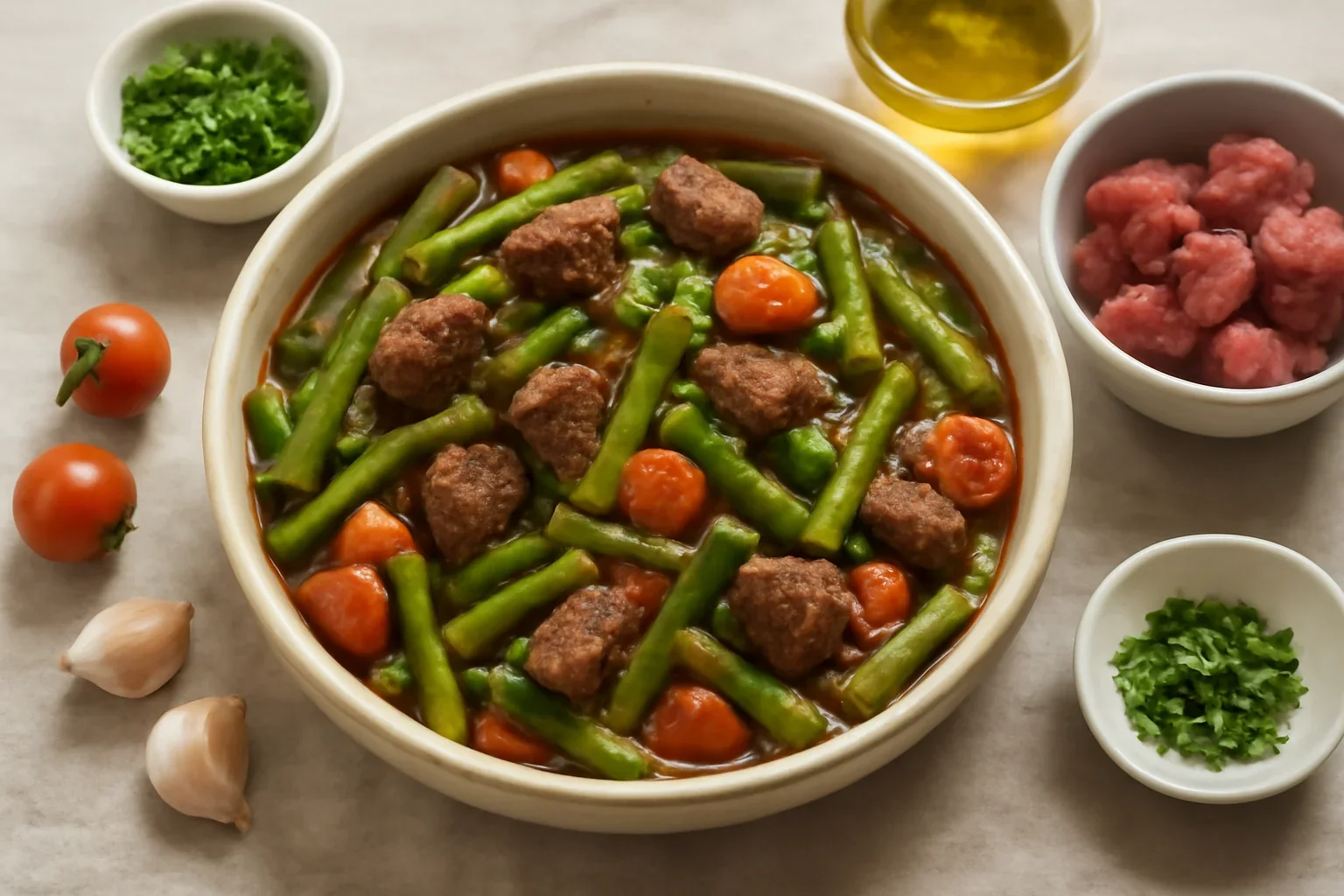Fasole verde cu carne de vita si rosii