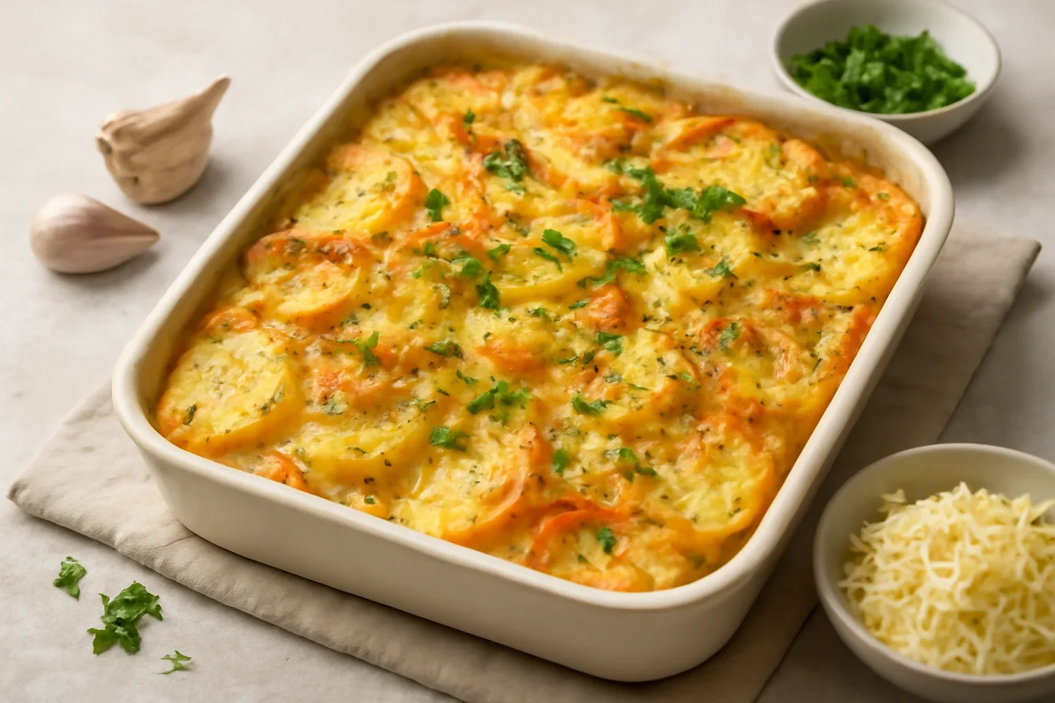Cartofi și morcovi gratinați cu smântână și usturoi în stil dauphinois – la cuptor
