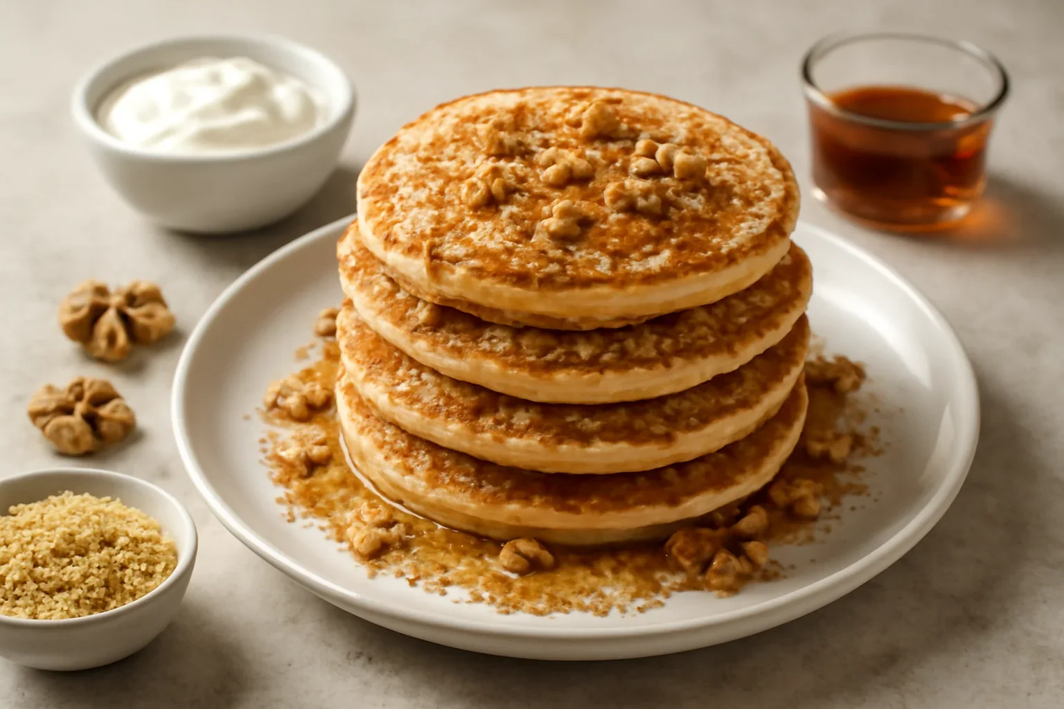 Clatite americane, pancakes cu iaurt, nuca si sirop de artar