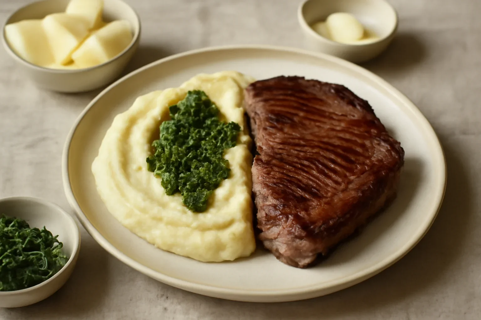 Rump steak de vită cu piure de păstârnac și pesto de cimbru