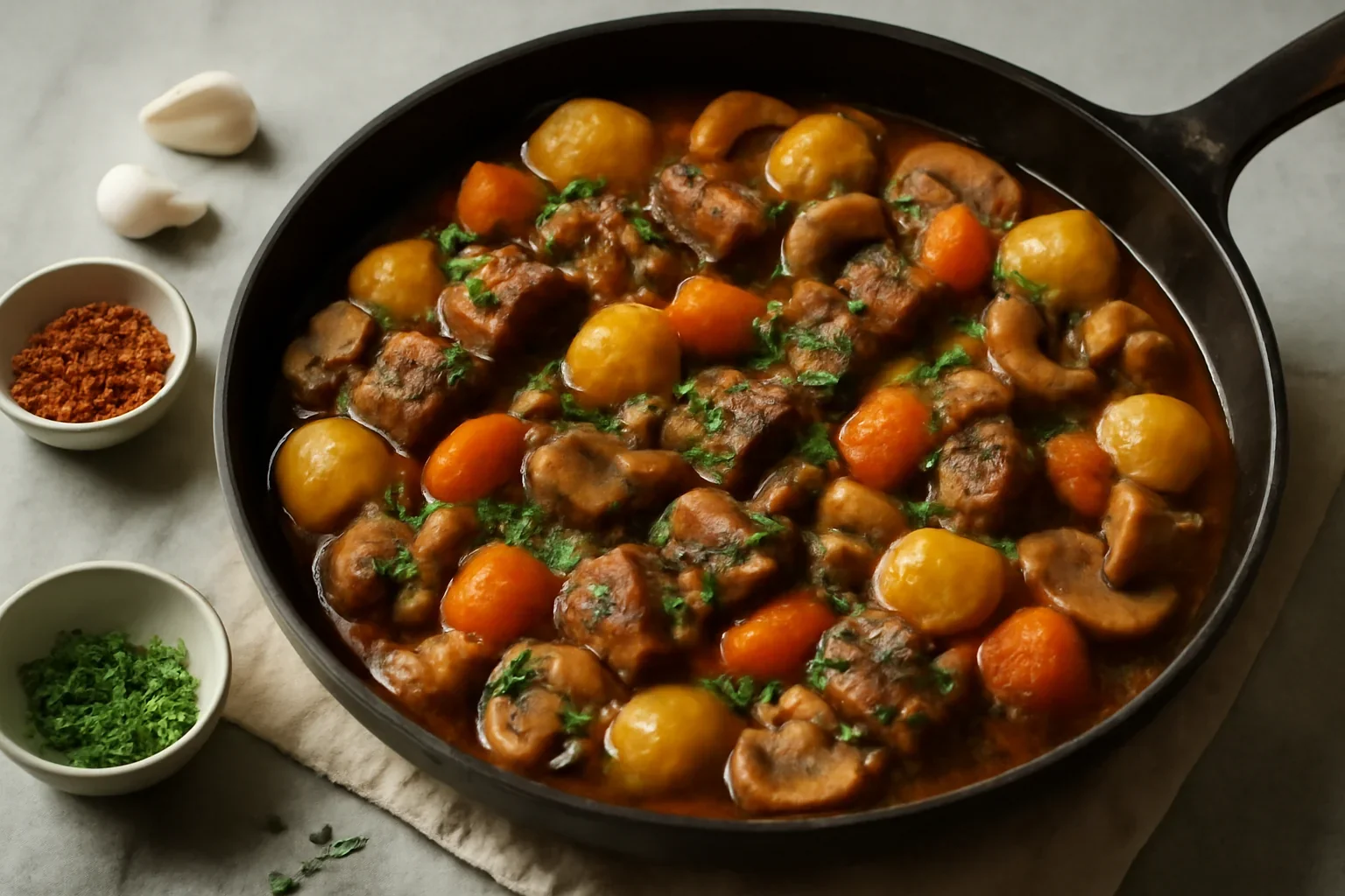 Mâncare de vită cu bere, usturoi, cartofi, ciuperci și alte legume – la tigaie
