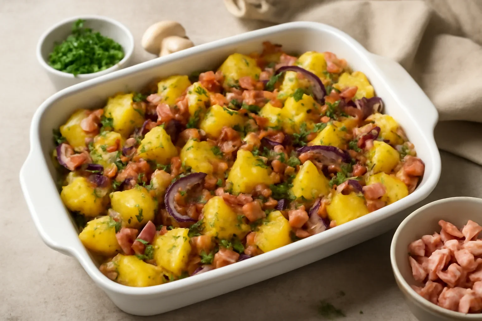 Cartofi la cuptor cu bacon și ceapă – rețetă rapidă