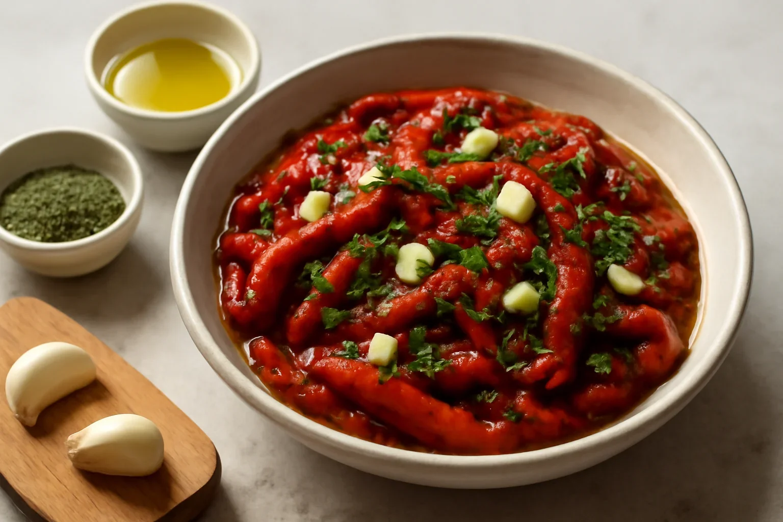 Salata de ardei copti cu usturoi si patrunjel, reteta traditionala