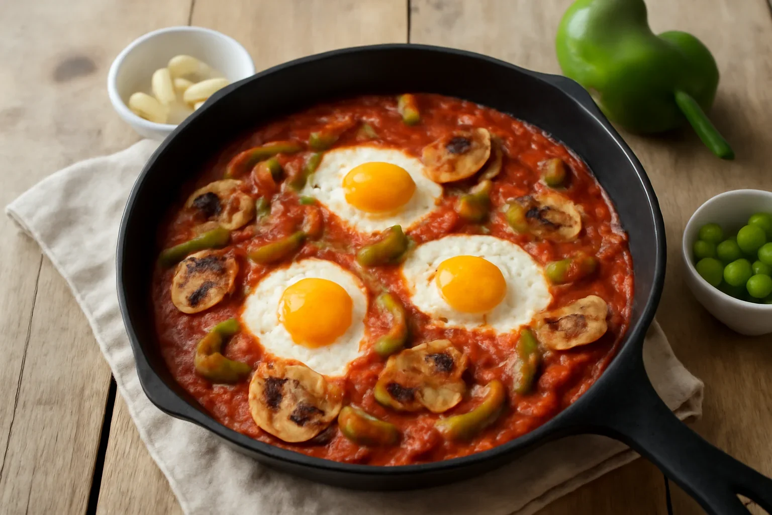 Shaksouka – oua ochiuri in sos de rosii cu ardei si ciuperci