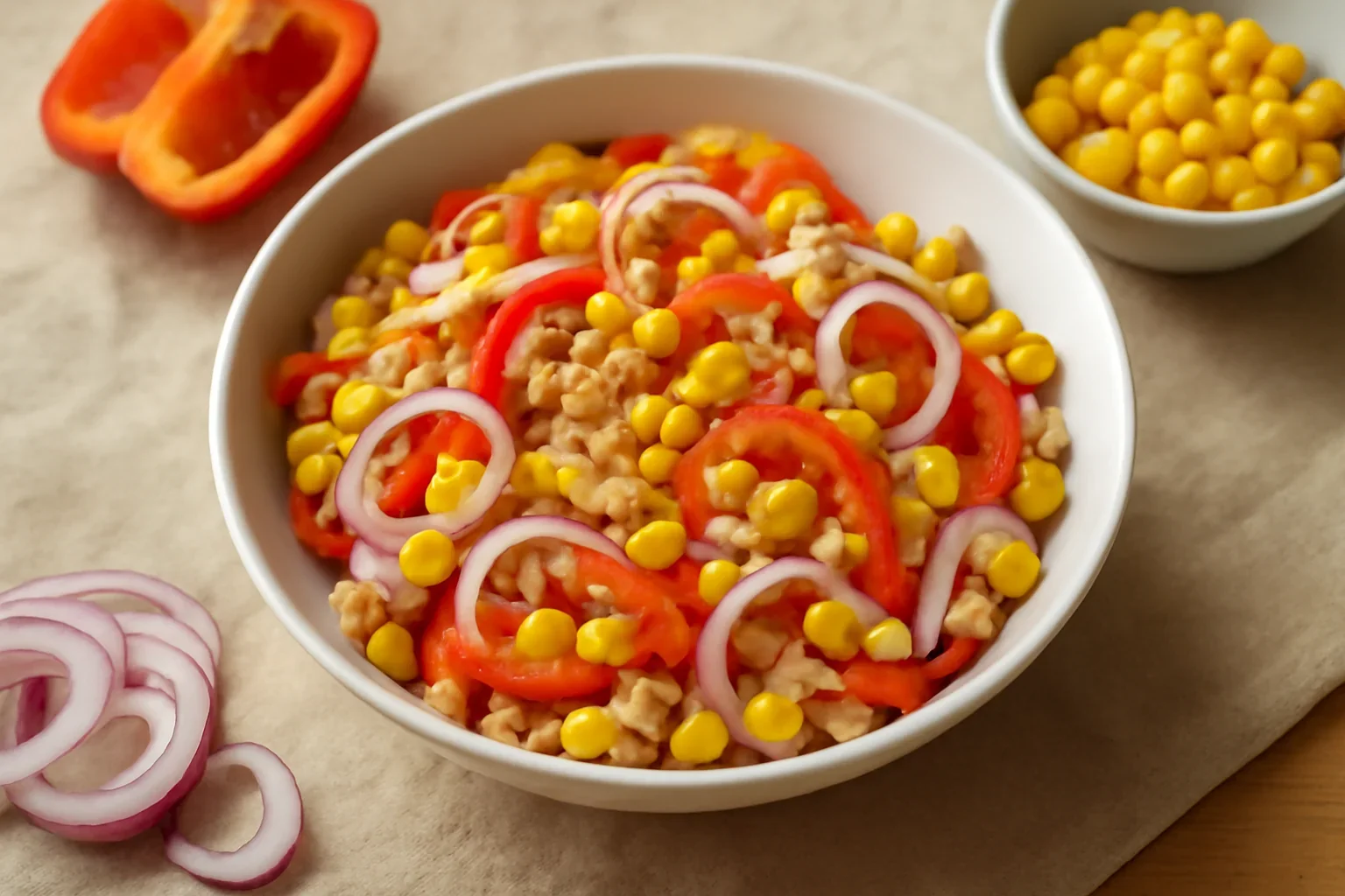 Salata de ton cu porumb, ceapa si ardei