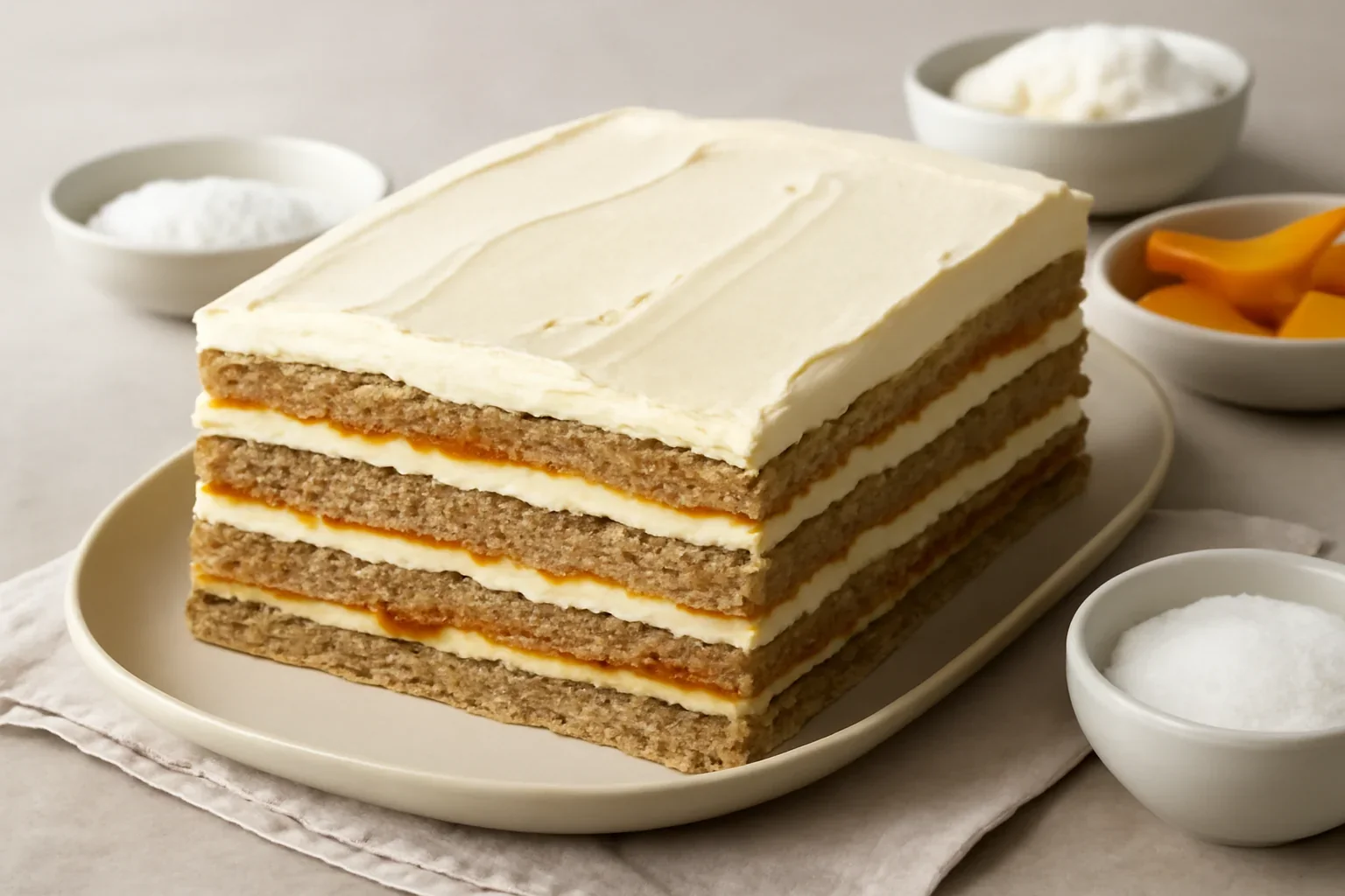 Prăjitură cu foi cu nucă umplută cu gem și cremă de mascarpone