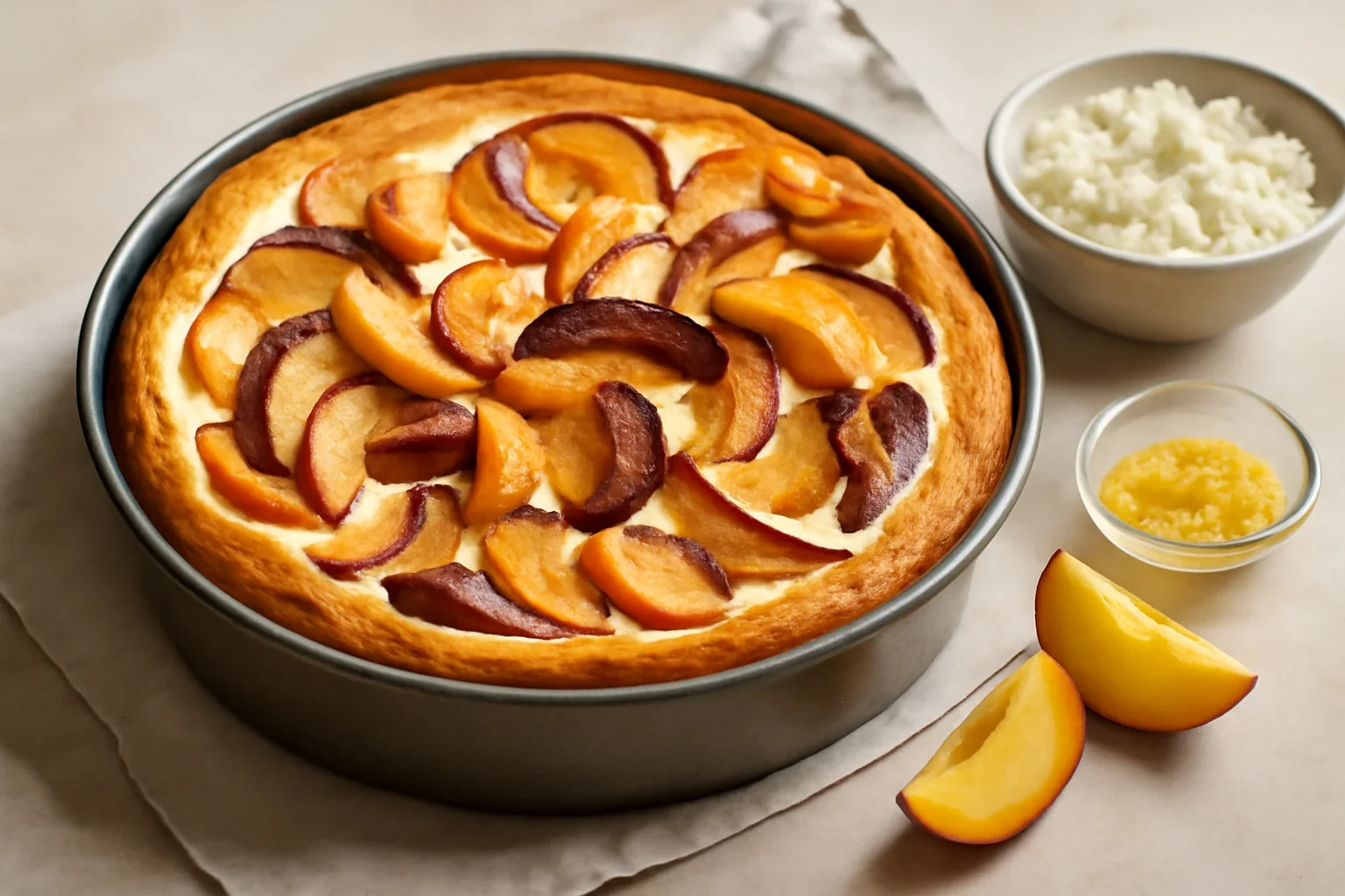 Prăjitură cu brânză și piersici sau nectarine, caise, mere, pere, prune – cheesecake cu fructe