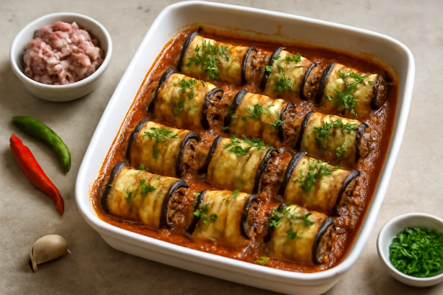 Rulouri de vinete cu carne și sos de roșii la cuptor – rețetă video